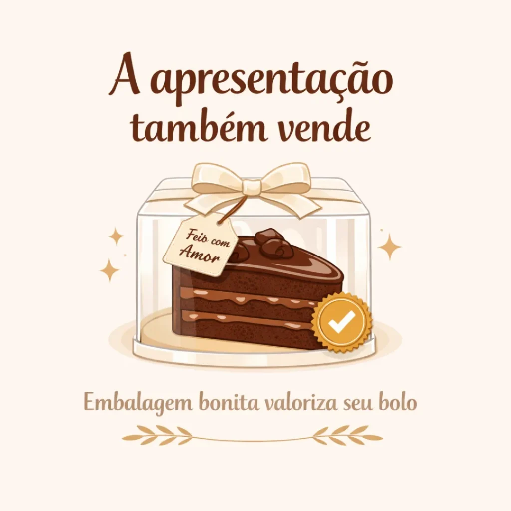 Embalagem valorizando o bolo caseiro de chocolate para venda.