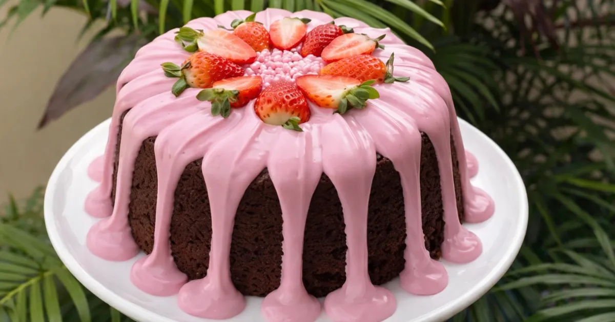 Bolo pra vender caseiro de chocolate com cobertura rosa de morango, ideal para vender inteiro ou em fatias.