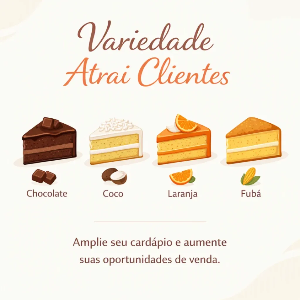 Sabores variados de bolo caseiro para aumentar as vendas.