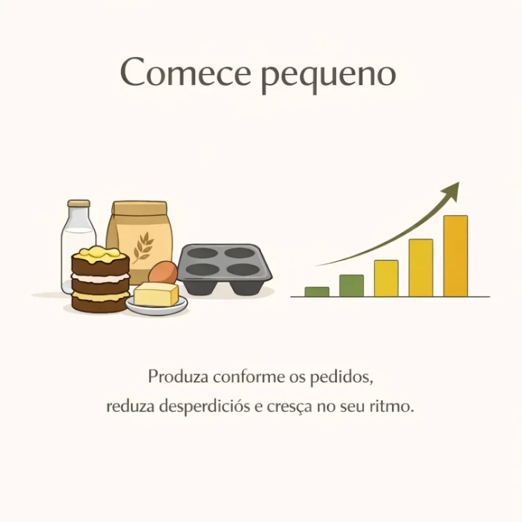 Produção pequena de bolos caseiros para iniciar as vendas com baixo investimento.