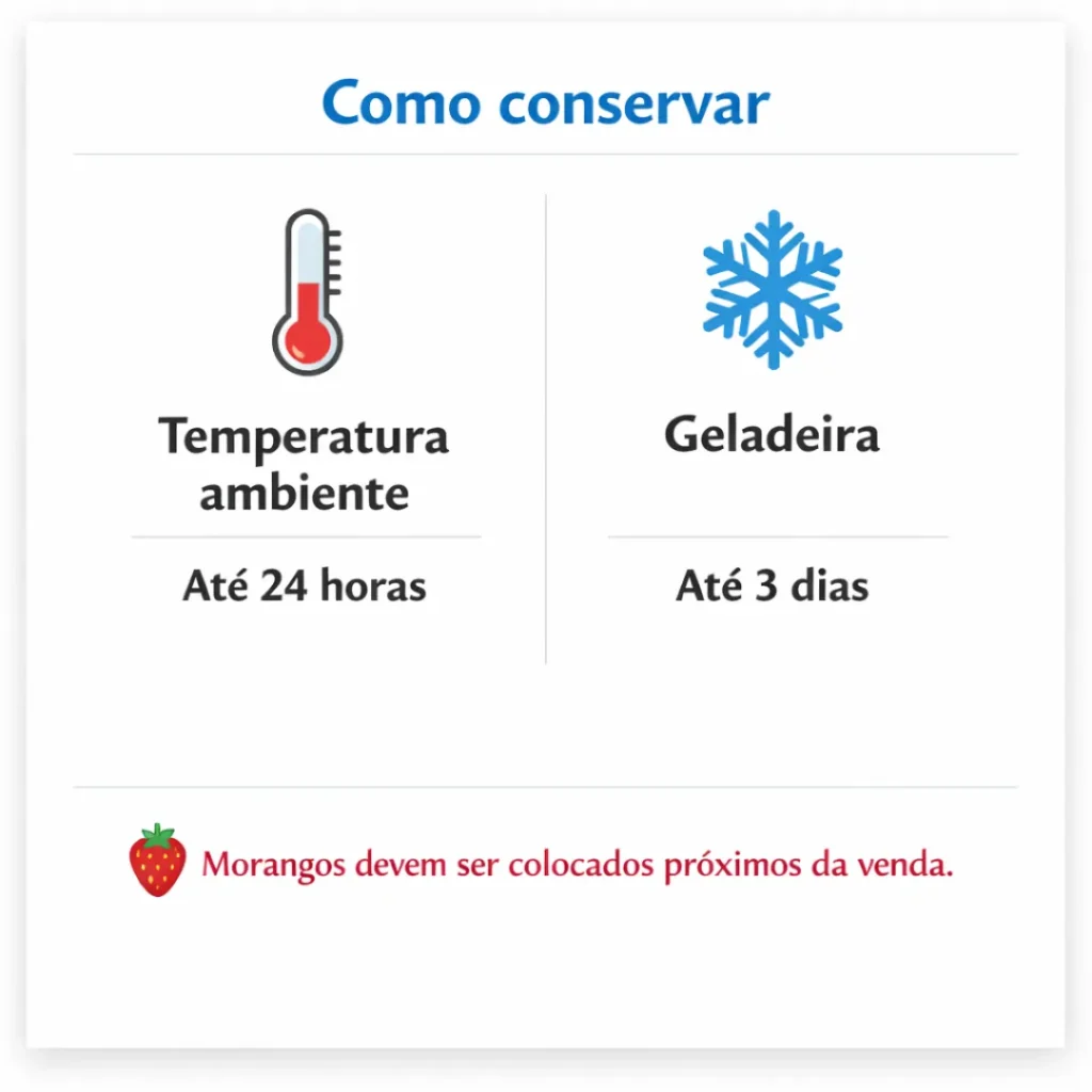 Informações sobre conservação e validade do bolo caseiro de morango.
