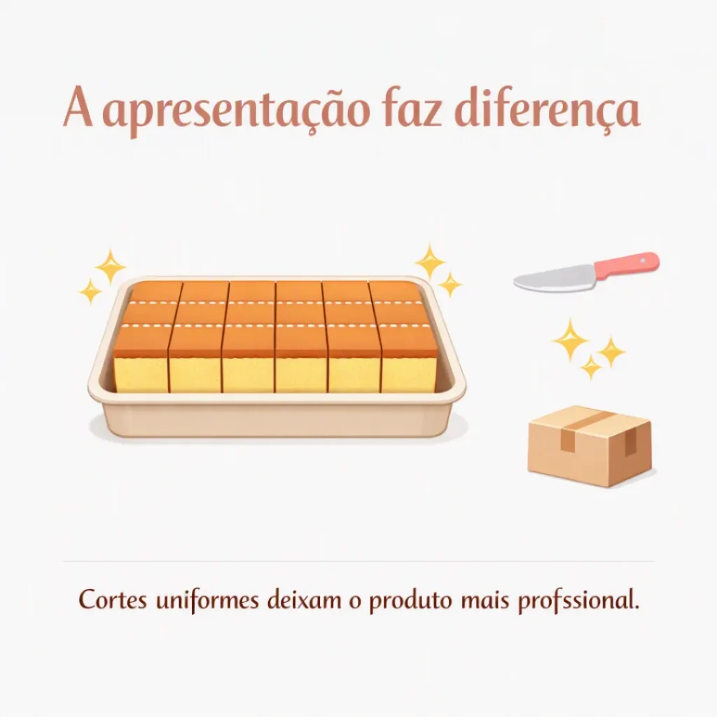 Forma correta de cortar bolo caseiro em pedaços para vender.