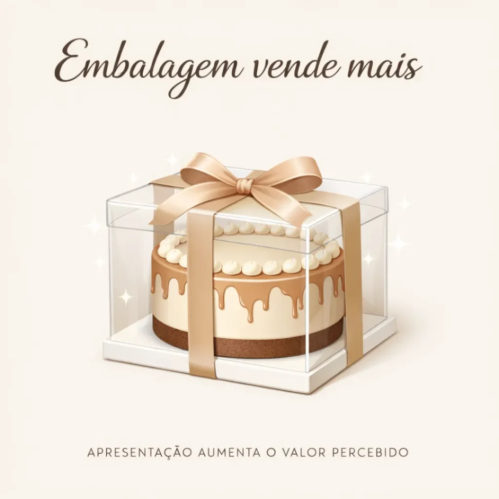 Embalagem valorizando o bolo caseiro para aumentar o preço de venda.