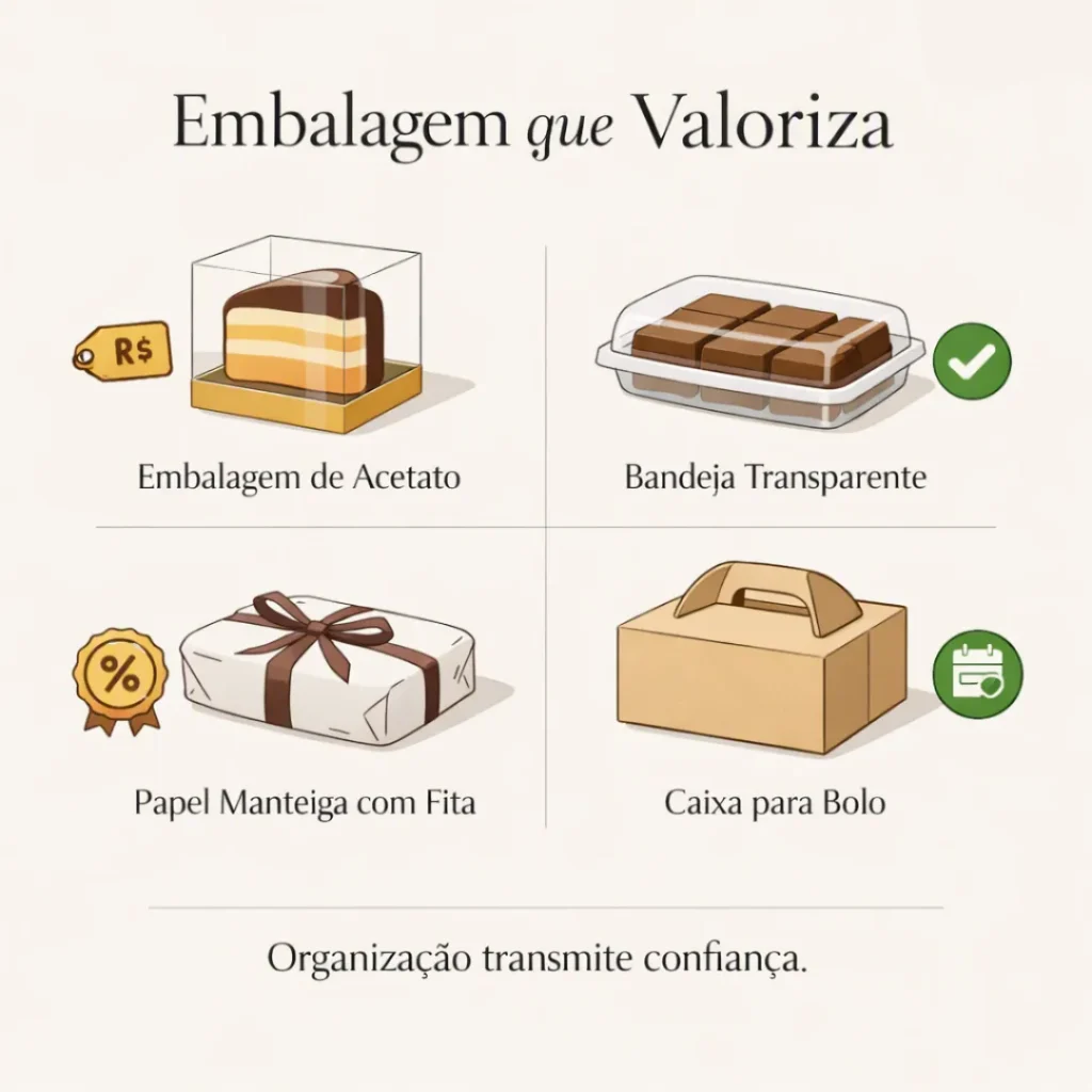 Embalagens para vender pedaços de bolo caseiro.