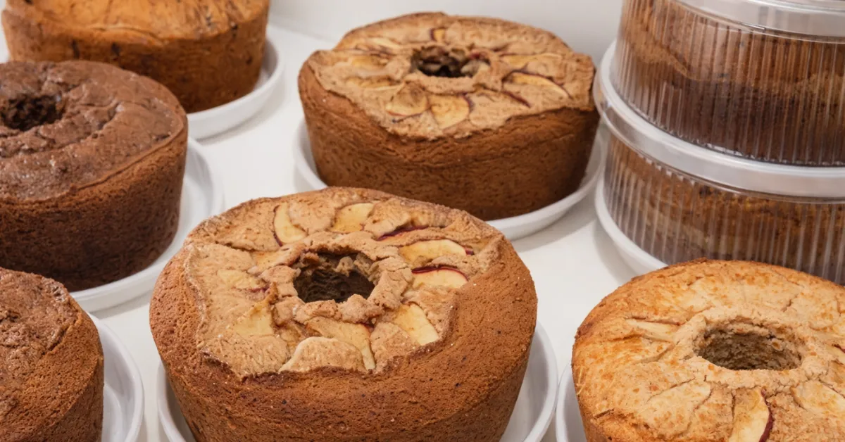 Bolos caseiros variados prontos para venda em mesa de madeira