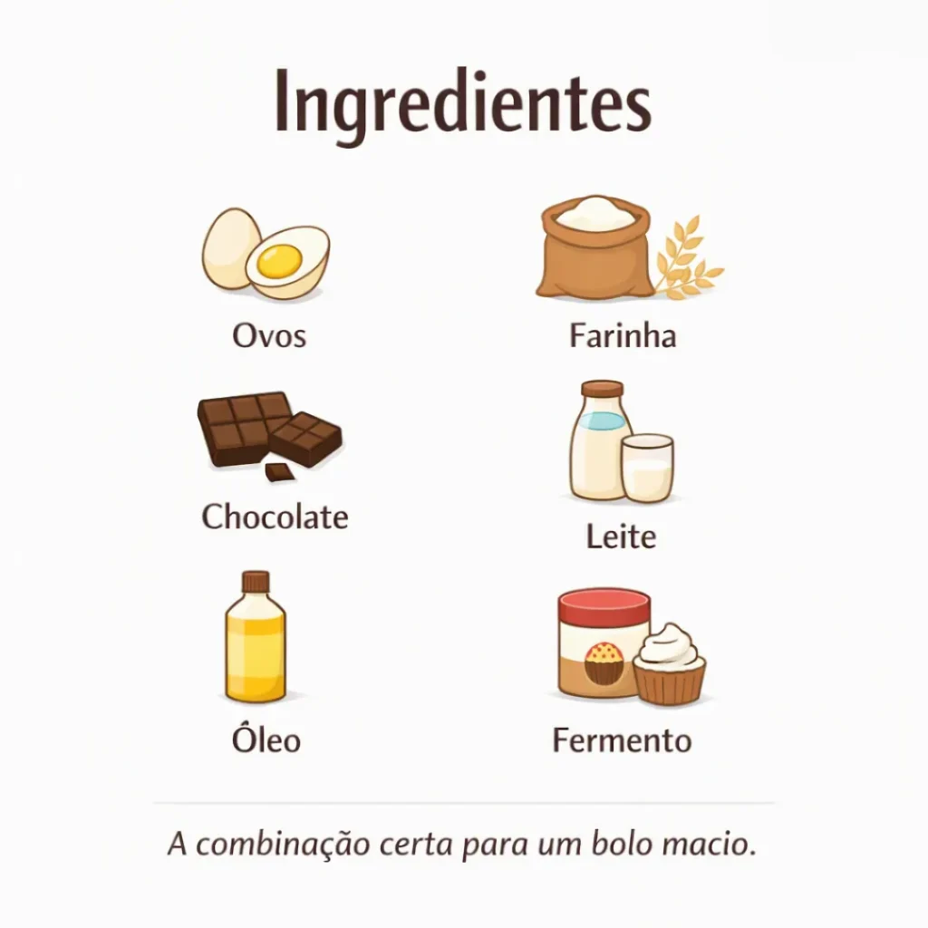 Ingredientes para preparar bolo caseiro de chocolate para vender.