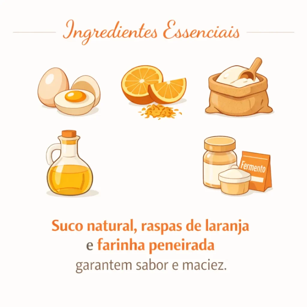 Ingredientes necessários para preparar bolo caseiro de laranja para vender.