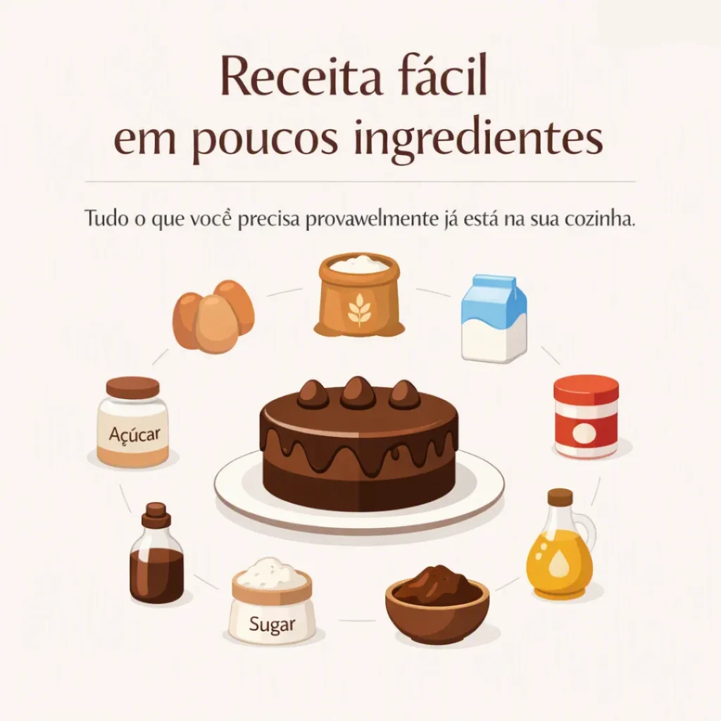 Ingredientes simples para preparar bolo de chocolate macio.
