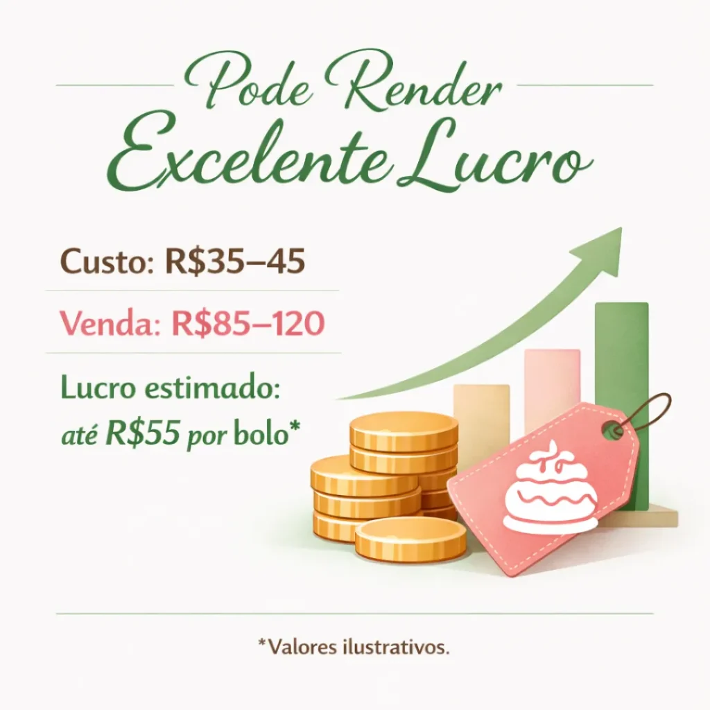 Simulação de lucro do bolo pra vender caseiro com custo e preço de venda.
