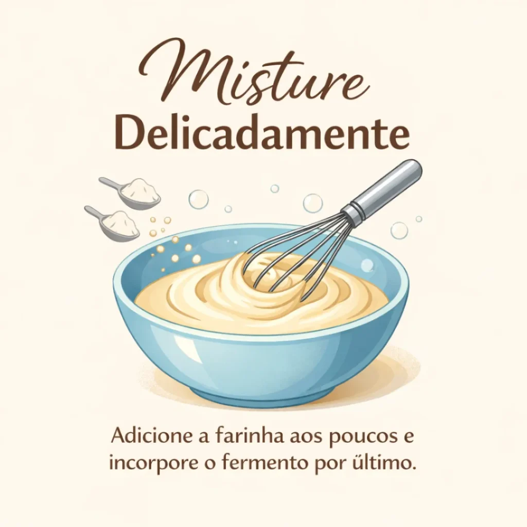Misturando delicadamente a massa do bolo caseiro de laranja.