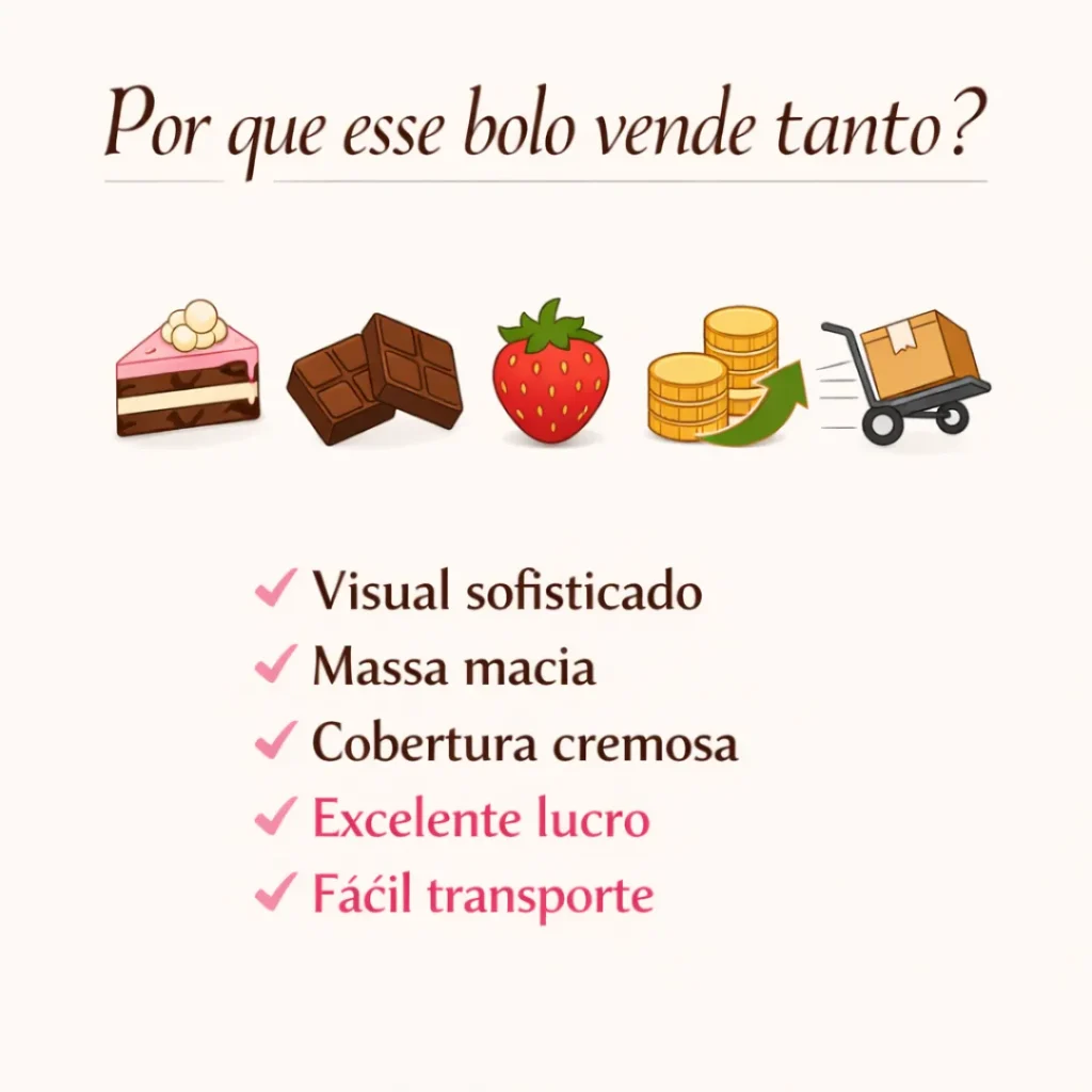 Vantagens do bolo pra vender caseiro de chocolate com cobertura de morango.
