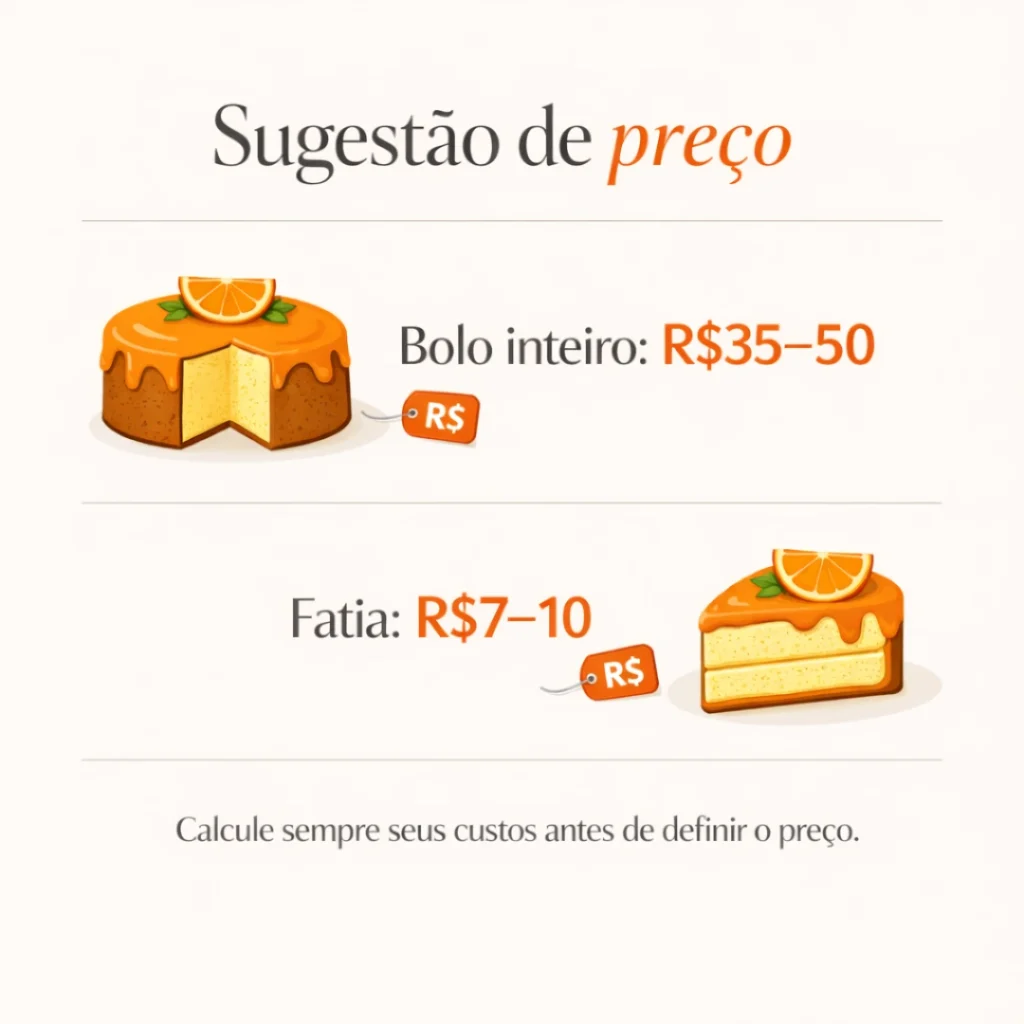 Sugestão de preço para vender bolo caseiro de laranja.