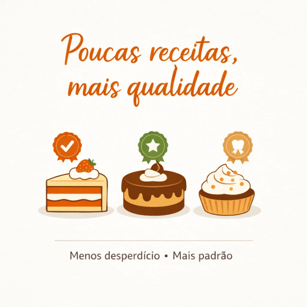 Ilustração incentivando começar com poucas receitas de bolo caseiro para vender.