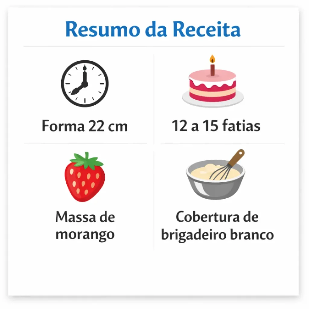 Resumo da receita bolo caseiro para vender com massa de morango e brigadeiro branco.