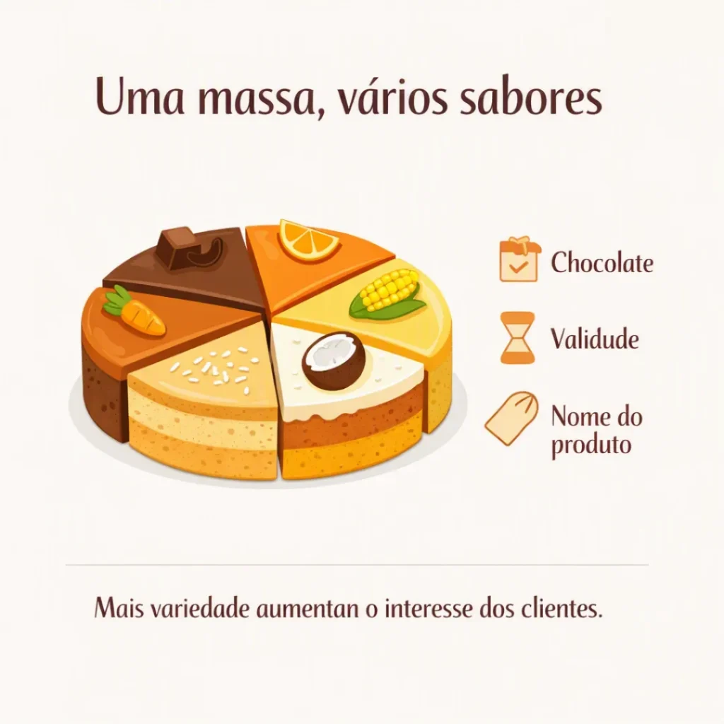 Sabores variados de bolo caseiro em pedaços para vender.