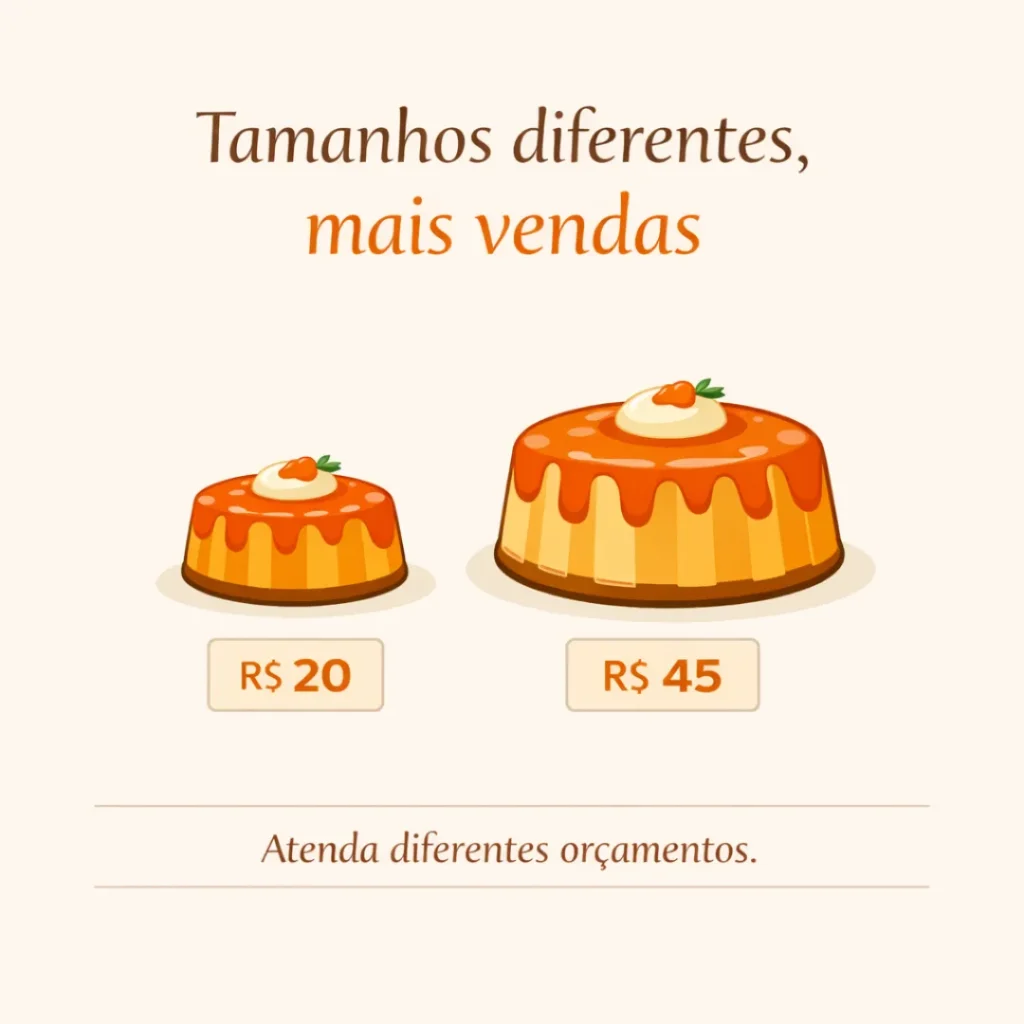 Mostrando tamanhos de bolos e preços para venda