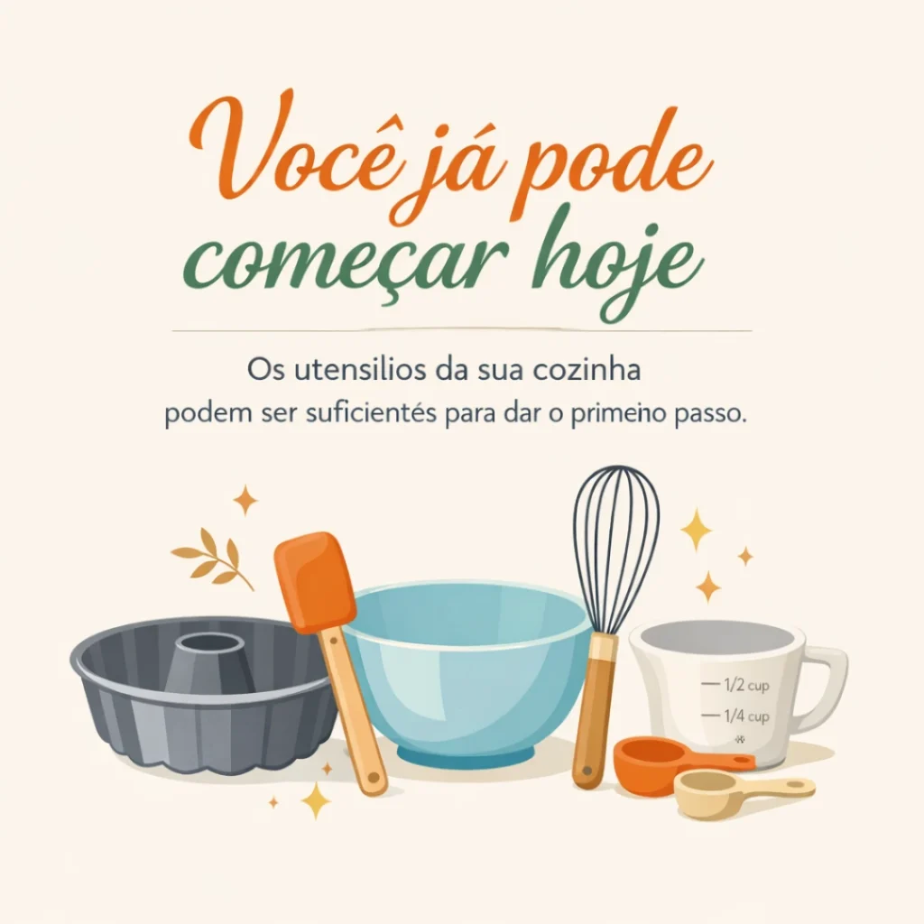 Mulher iniciando a venda de bolos caseiros com utensílios da própria cozinha.