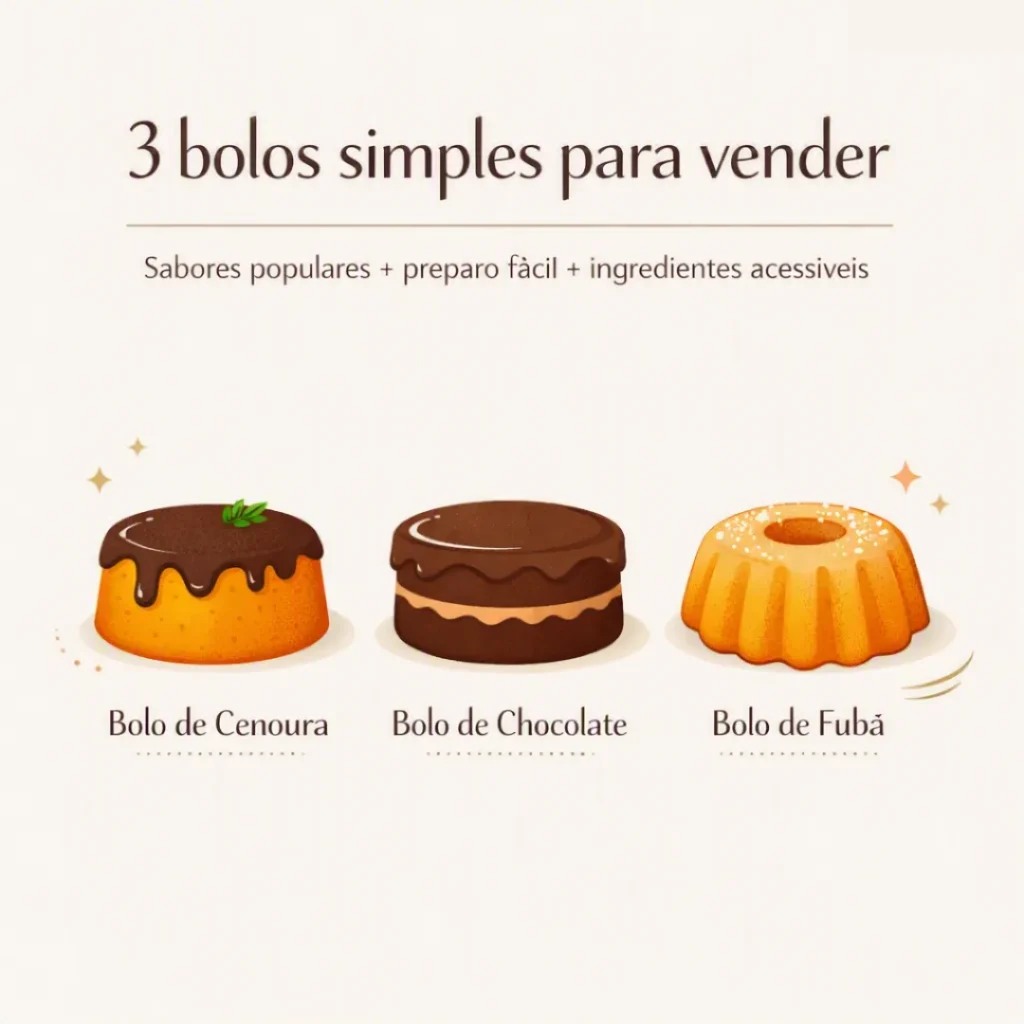 Card com três opções de bolos simples para vender, destacando receitas fáceis para iniciar um cardápio