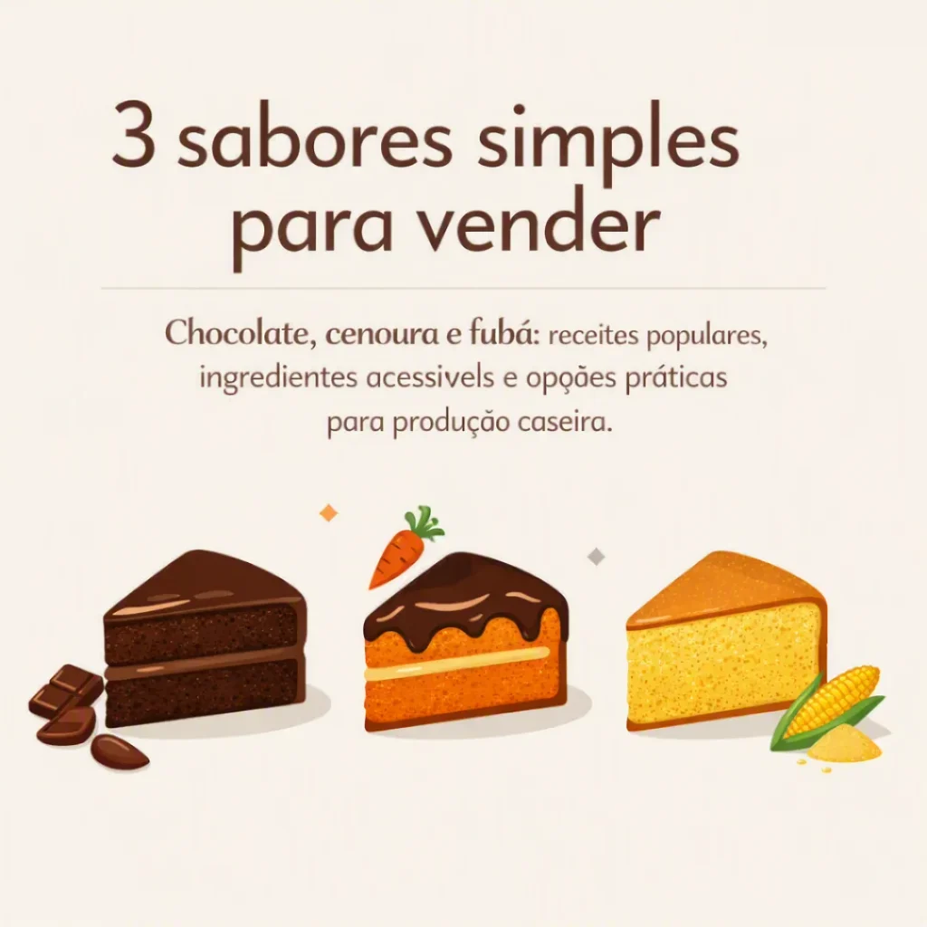 Três opções de bolos para vender: chocolate, cenoura com cobertura de chocolate e fubá cremoso