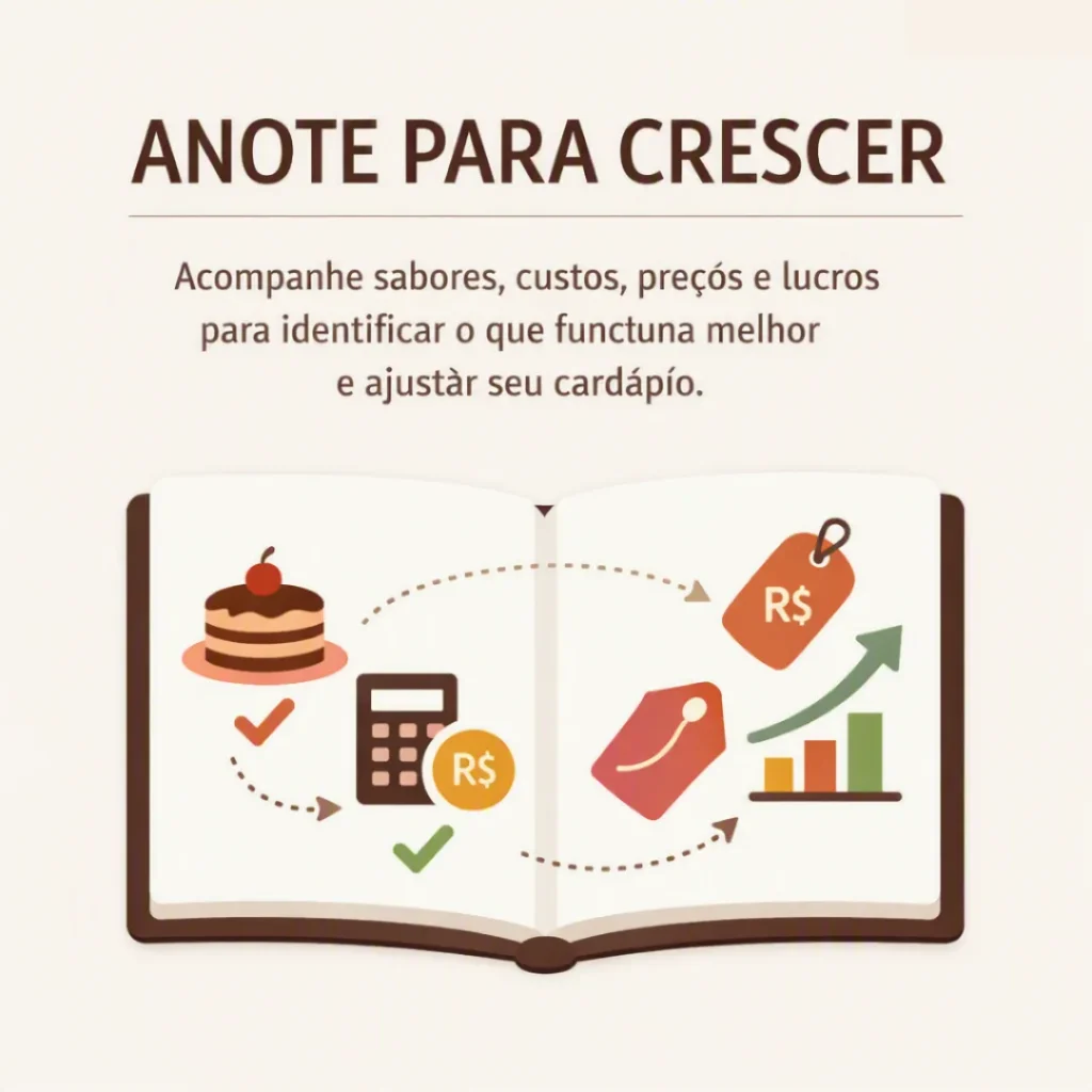 Anotações relacionadas ao acompanhamento dos sabores, custos, preços e lucro dos bolos