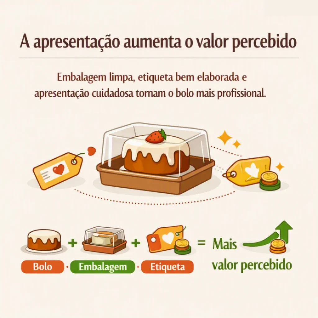 Apresentação de bolo caseiro com embalagem limpa, etiqueta e identidade visual padronizada