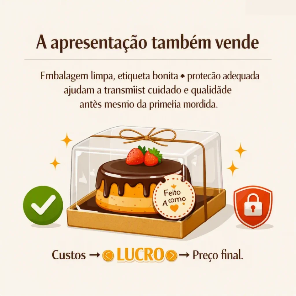 Card sobre apresentar bolos com embalagens limpas, etiqueta bonita e proteção adequada.