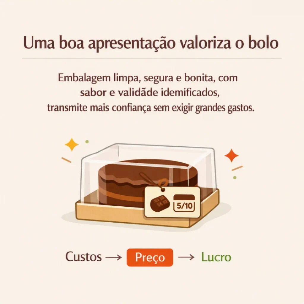 Apresentação de bolo caseiro com embalagem limpa, segura e bonita e etiqueta com informações importantes