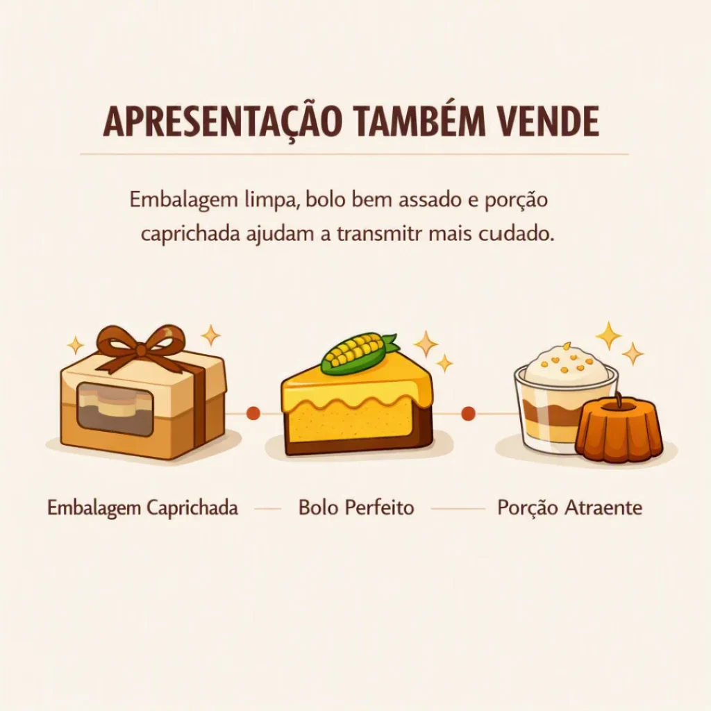 Apresentação de bolos caseiros com embalagem limpa e porção caprichada