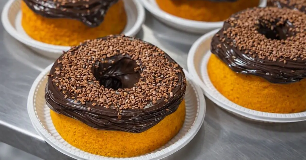 Bolo de cenoura caseiro para vender com cobertura de chocolate cremosa.