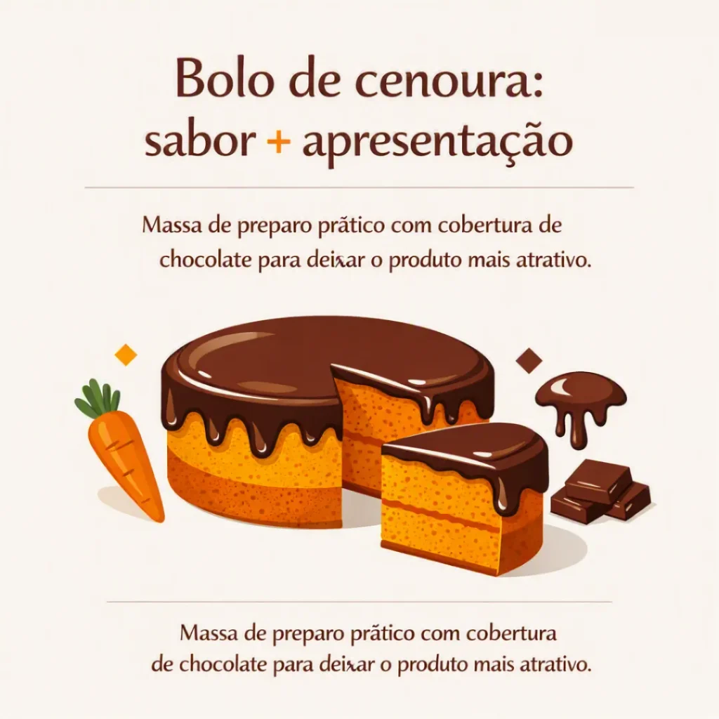 Bolo de cenoura com cobertura de chocolate e preparo a 180 °C por aproximadamente 40 minutos