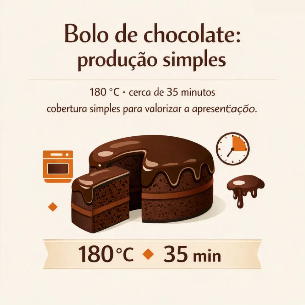 Bolo de chocolate com produção simples, assado a 180 °C por cerca de 35 minutos