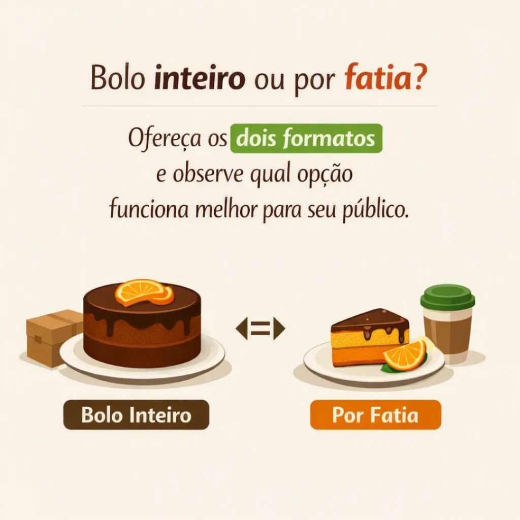 Venda de bolo caseiro inteiro ou por fatia como diferentes formatos de comercialização