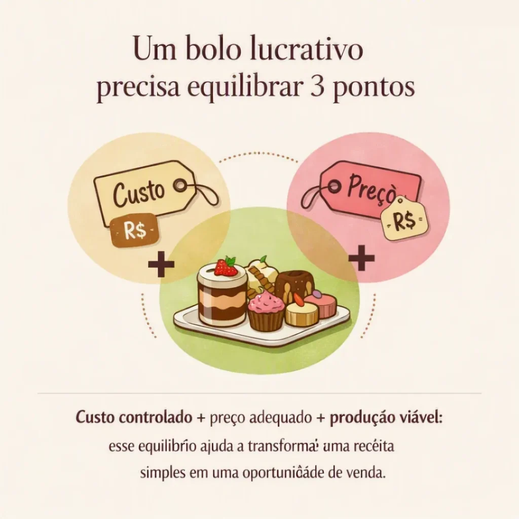 Bolo representando o equilíbrio entre custo, preço e produção para avaliar a lucratividade