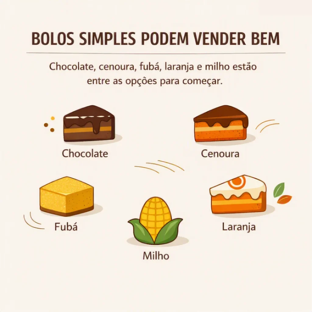 Exemplos de bolos simples como chocolate, cenoura, fubá, laranja e milho
