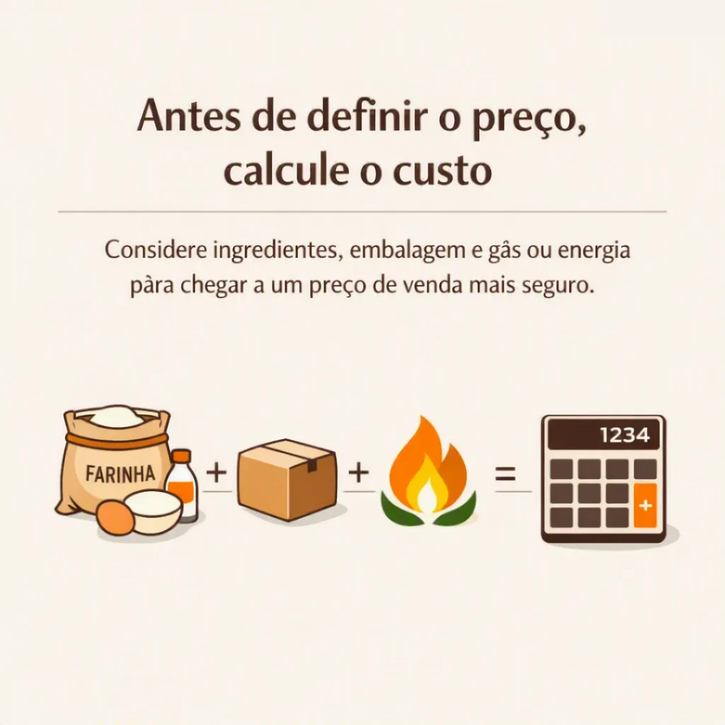 Orientação para calcular ingredientes, embalagem, gás ou energia antes de definir o preço do bolo