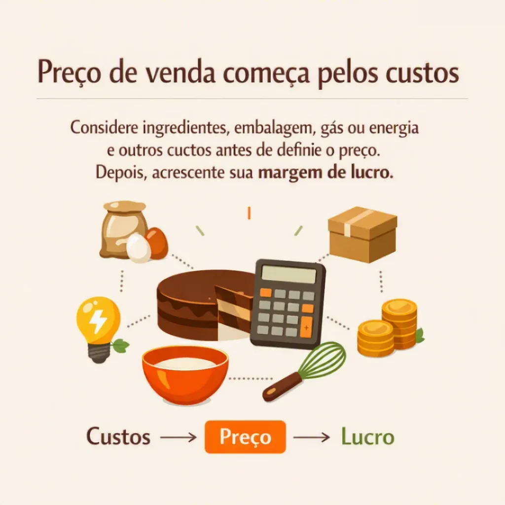 Calcular o preço de venda dos bolos considerando ingredientes, embalagem, gás, energia e margem de lucro