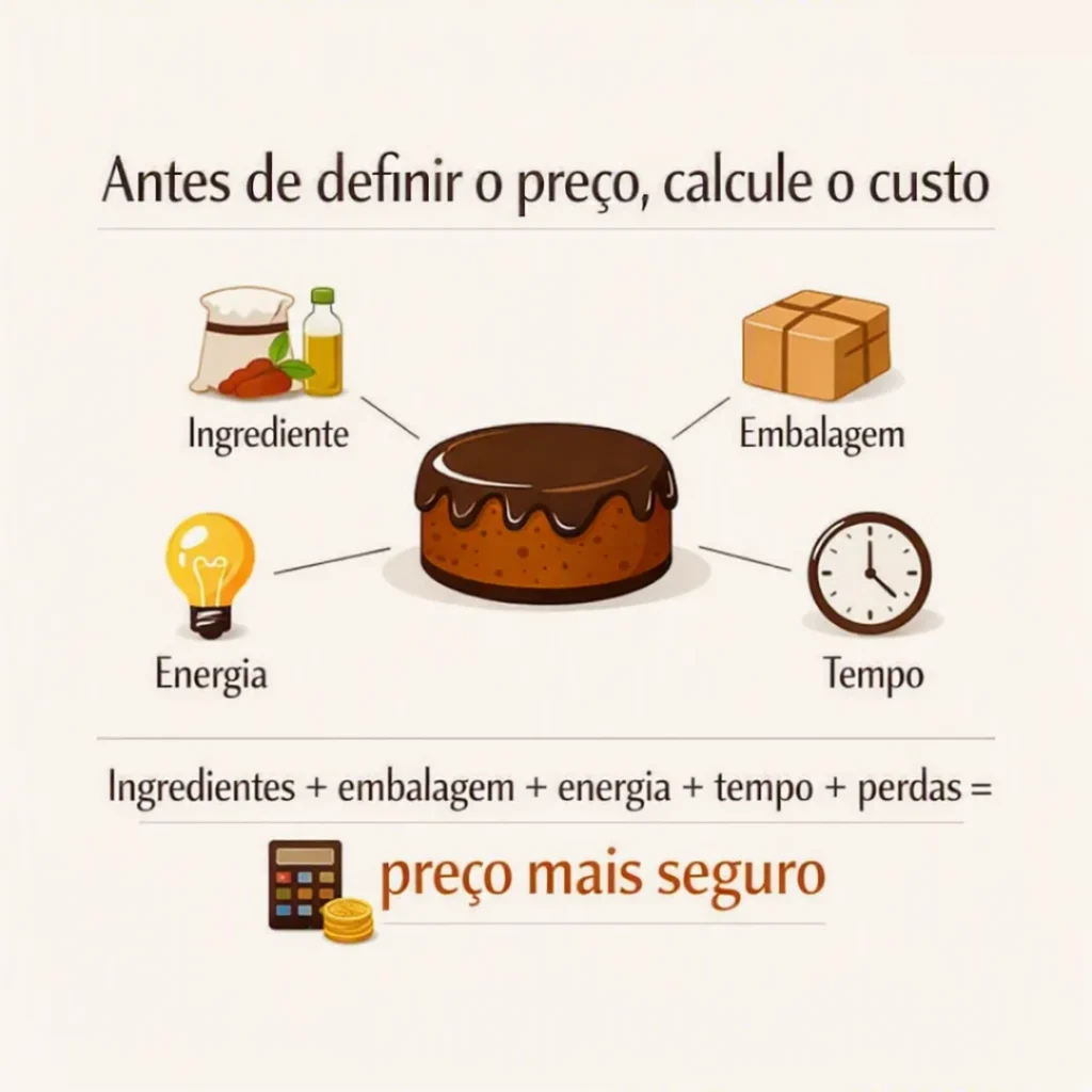 Card sobre calcular os custos de ingredientes, cobertura, embalagem, gás, energia, tempo e possíveis perdas antes de definir o preço