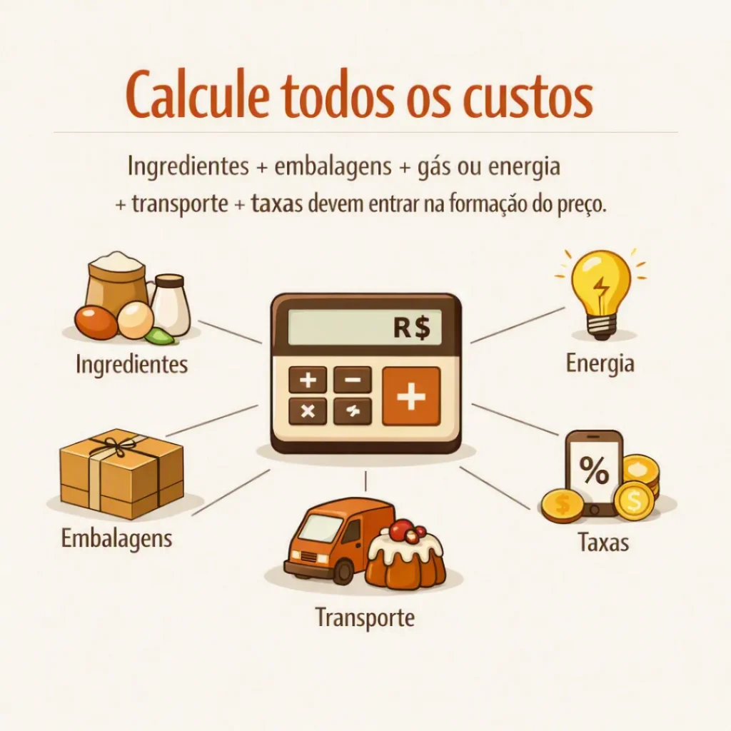 Cálculo dos custos de ingredientes, embalagens, gás, energia, transporte e taxas