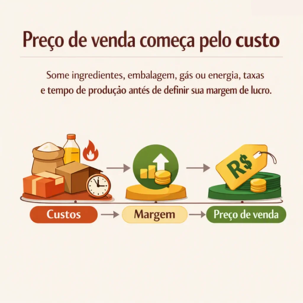 Cálculo do preço do bolo caseiro considerando ingredientes, embalagem, energia, taxas e tempo de produção