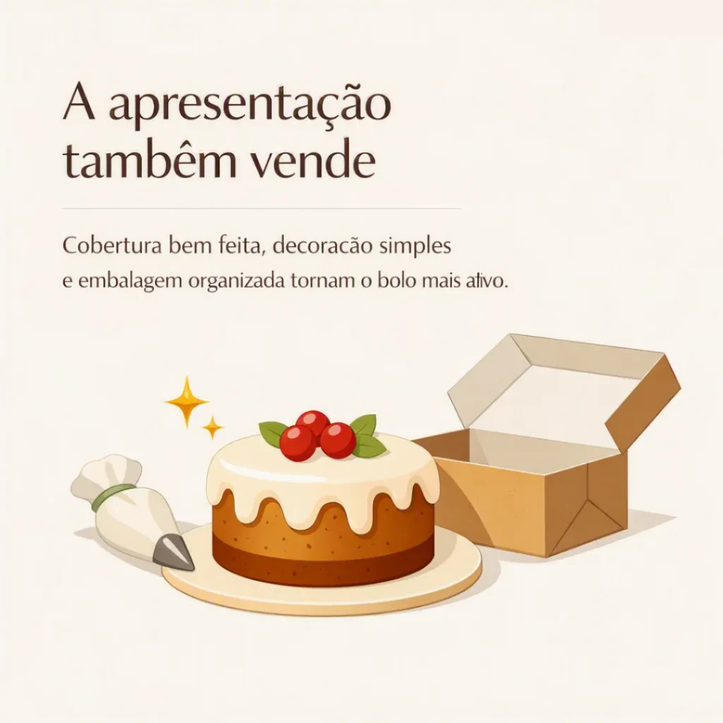 Bolo com cobertura, decoração simples e embalagem organizada para valorizar a apresentação