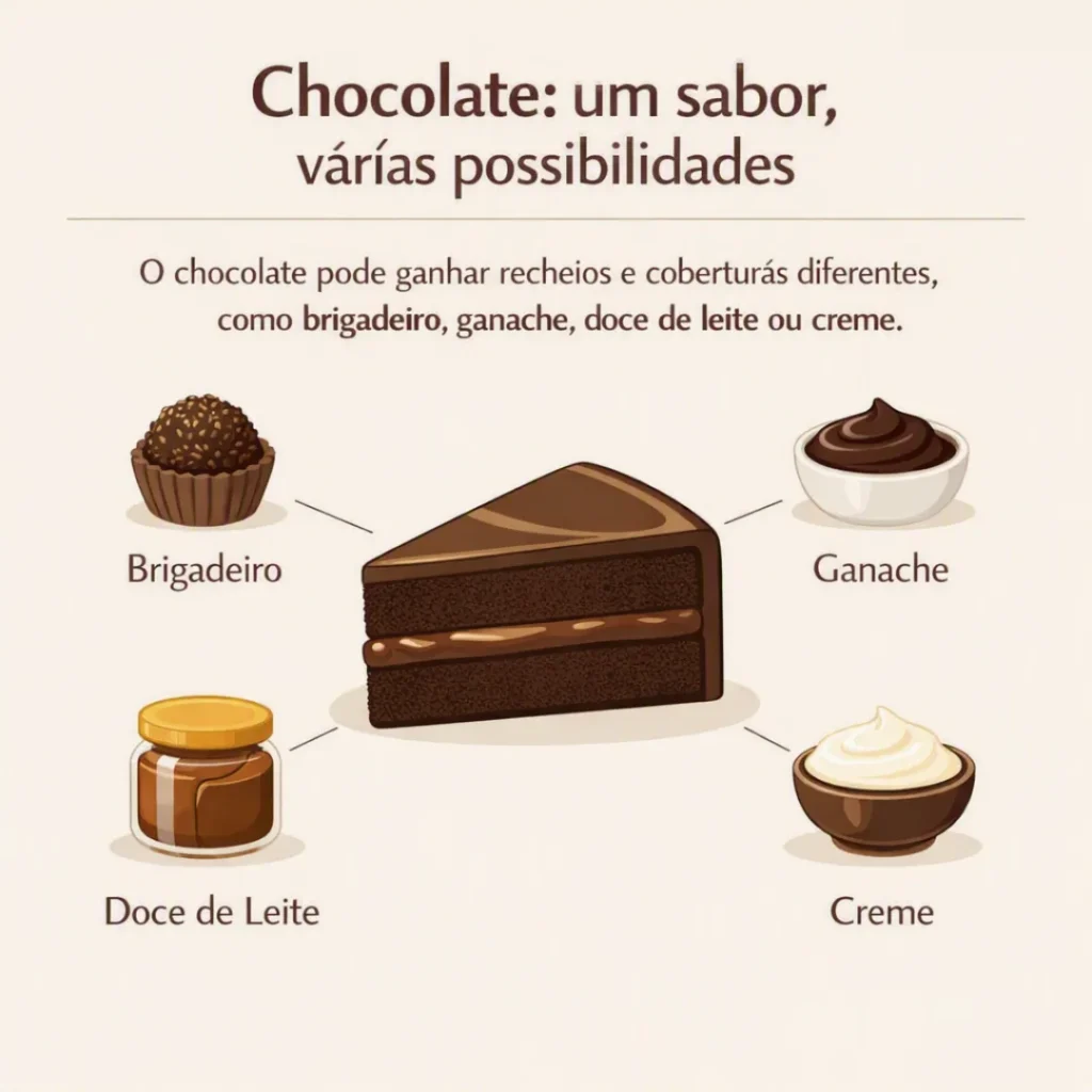 Bolo de chocolate com diferentes opções de recheio
