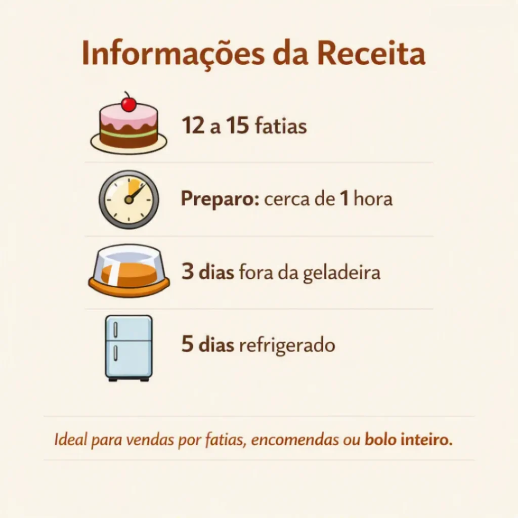 Informações sobre rendimento, conservação e tempo de preparo do bolo de cenoura caseiro.
