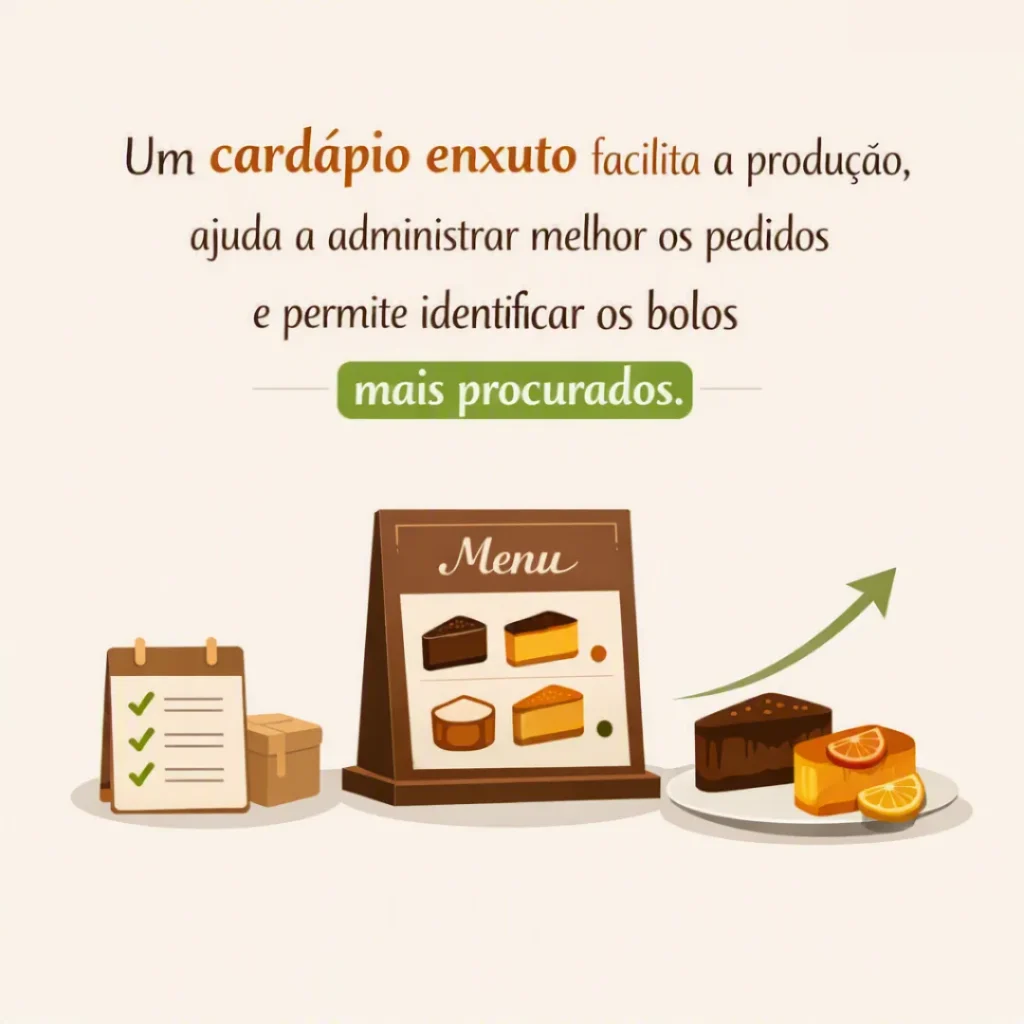 Cardápio enxuto de bolos caseiros com sabores, tamanhos, formatos de venda e preços organizados