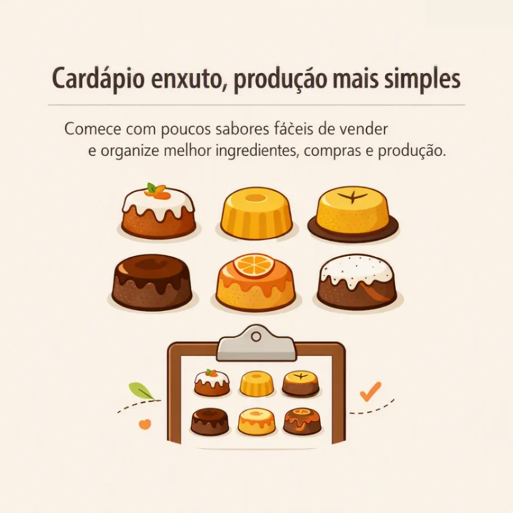 Cardápio enxuto de bolos caseiros com produção simples