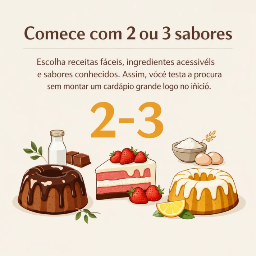 Card sobre começar a vender bolos com 2 ou 3 sabores caseiros.