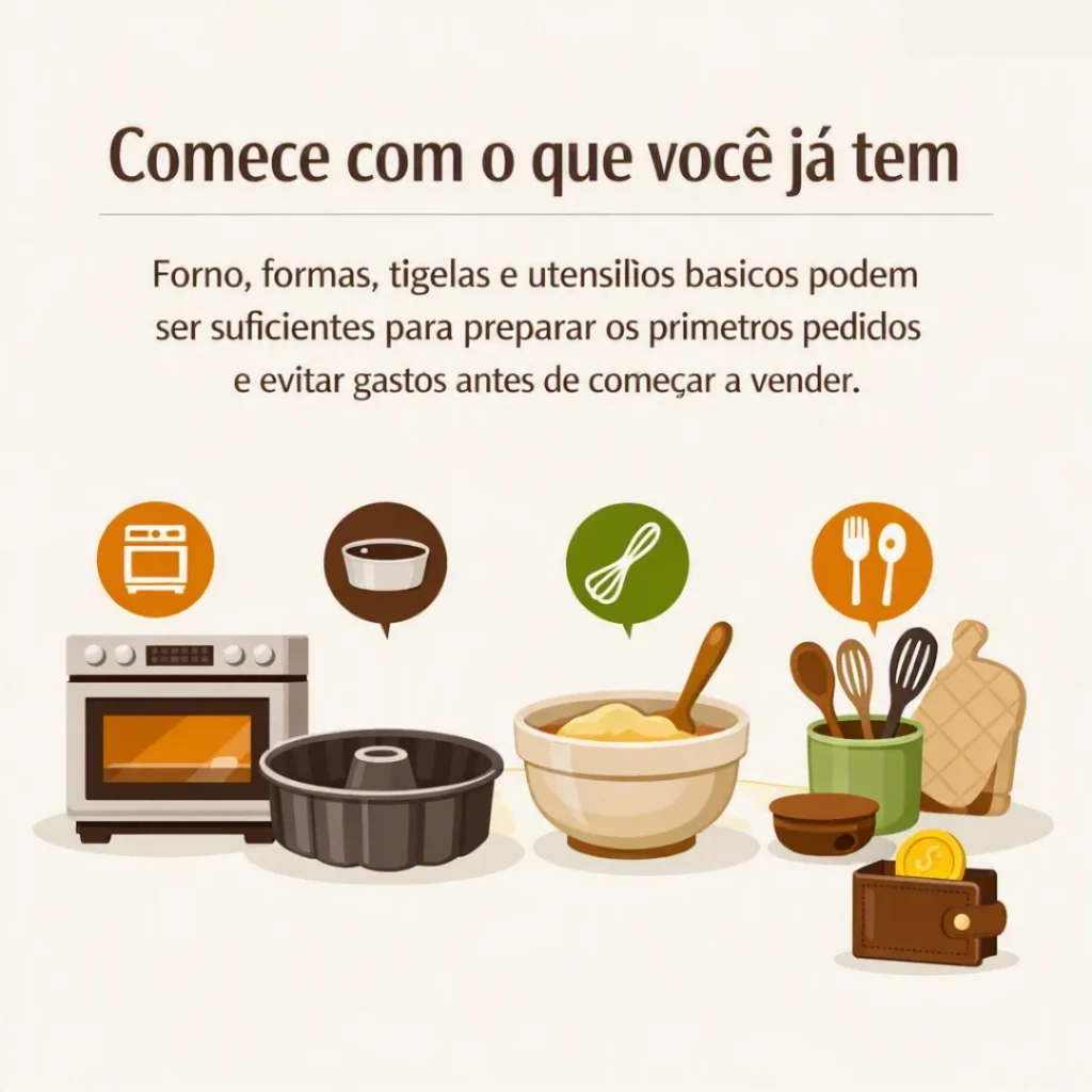 Card mostrando como começar a produção de bolos usando forno, formas, tigelas e utensílios que já possui.