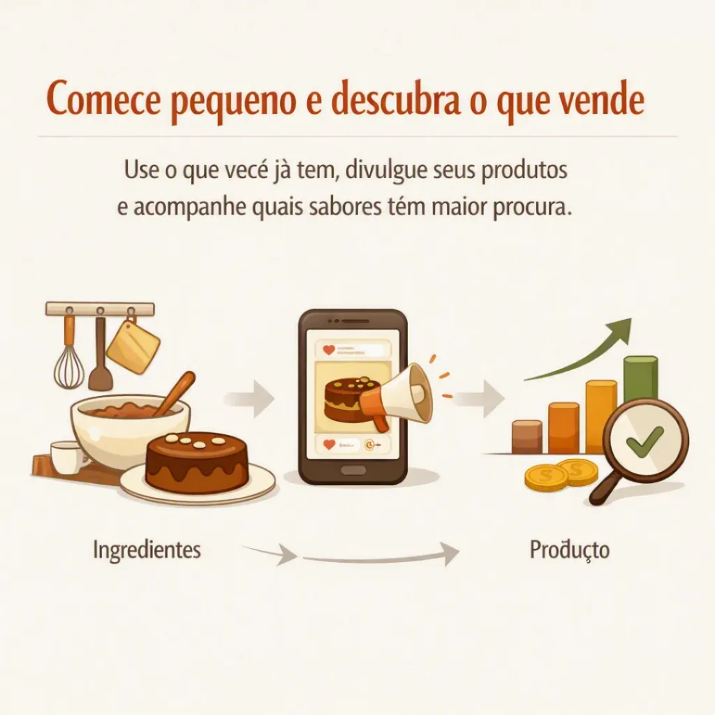 Início da venda de bolos em casa com poucos produtos e acompanhamento da procura