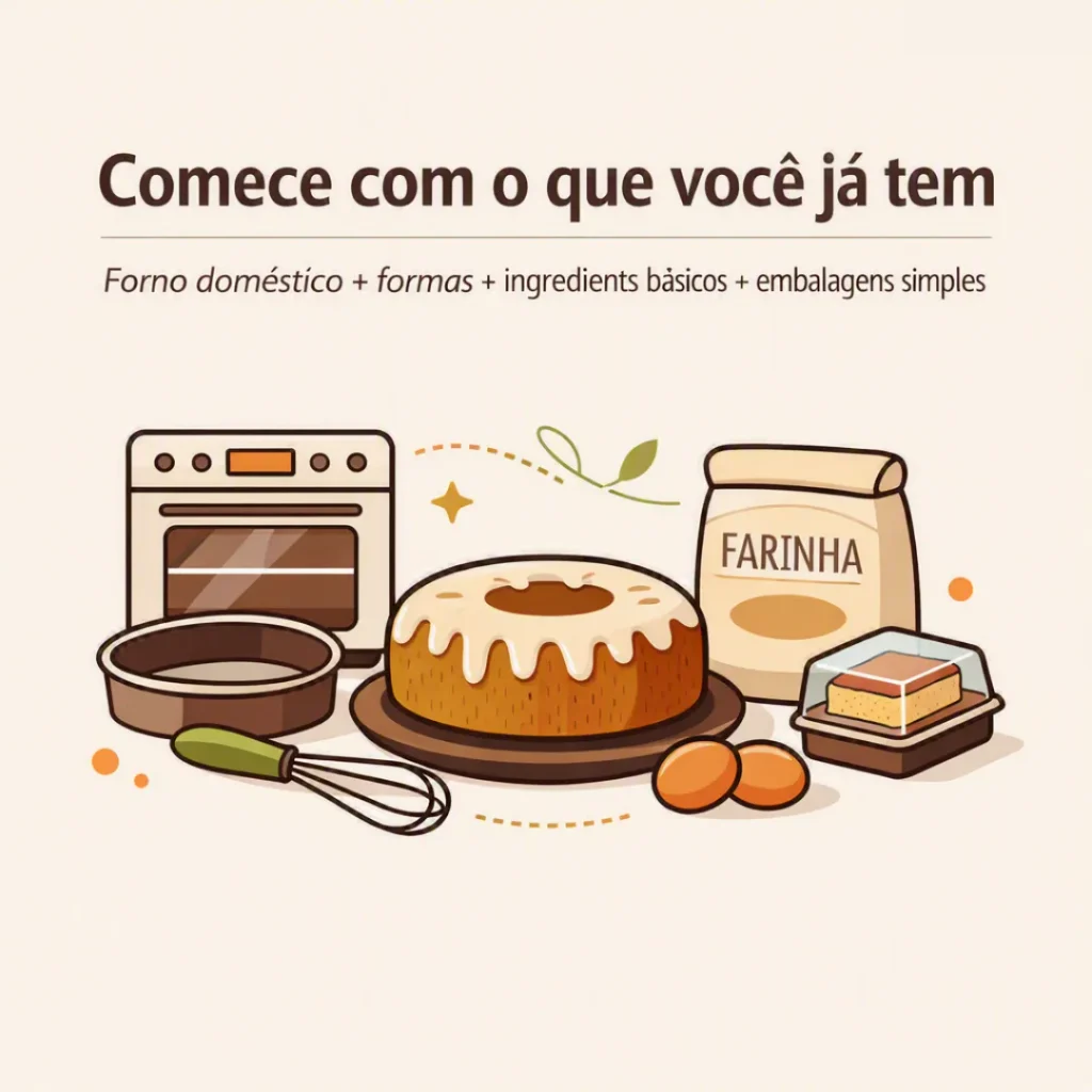 Utensílios e bolos caseiros representando o início da produção com o que já tem em casa