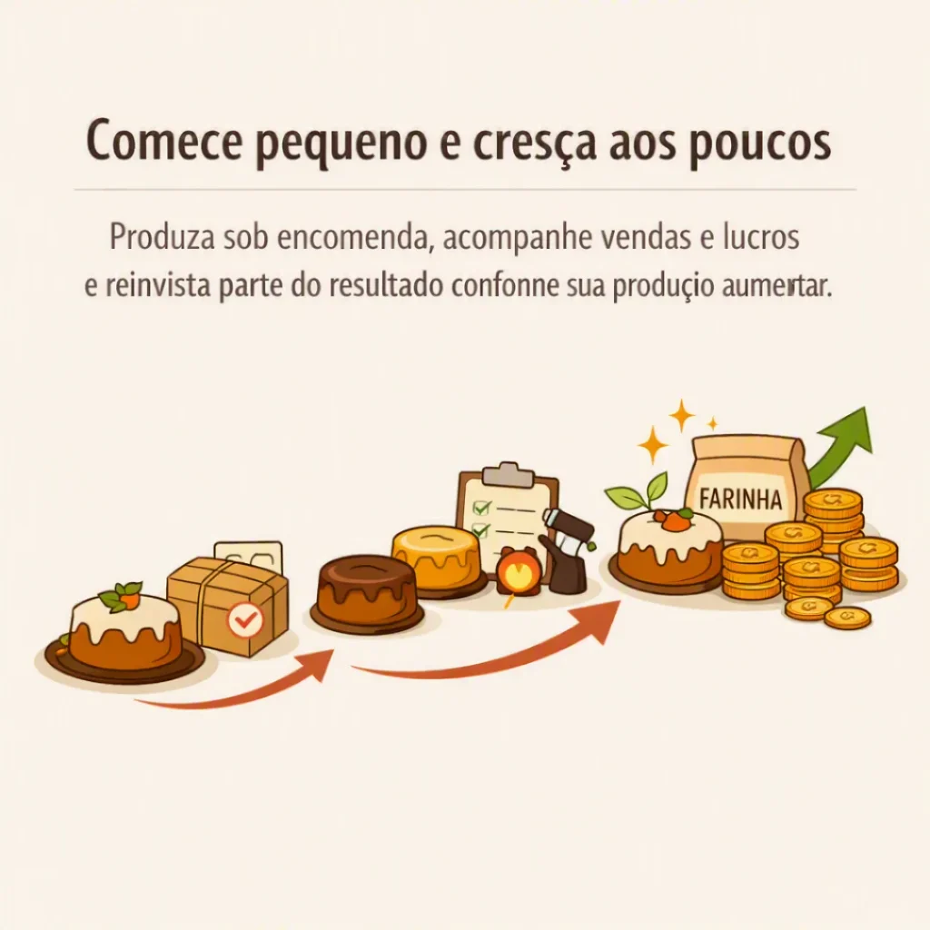 Bolos caseiros e elementos que representam o crescimento gradual das vendas