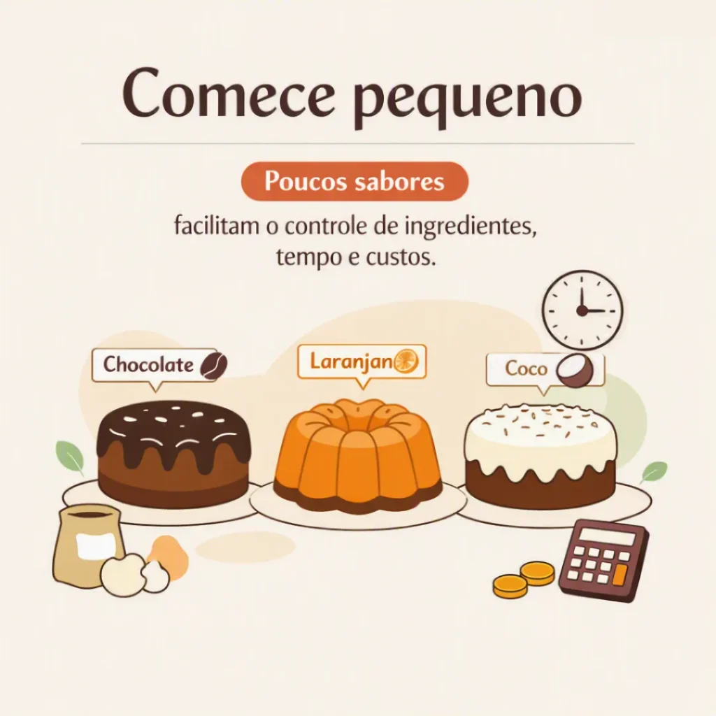 Começar pequeno com poucos sabores de bolos para facilitar a produção e controlar os custos